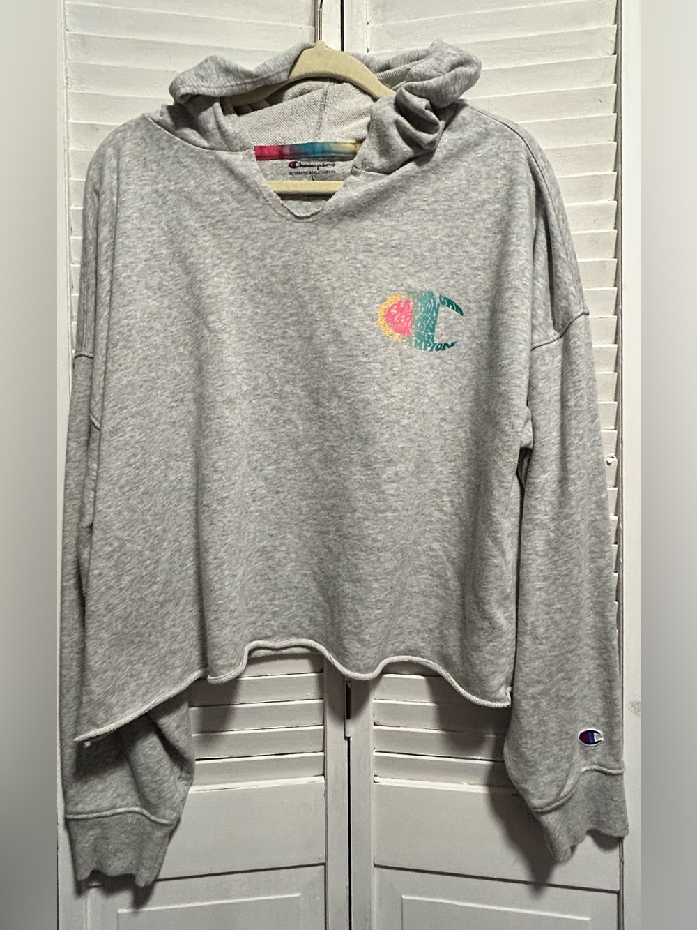 Womens size Large Champion raw edge cropped hoodie pullover sweatshirt